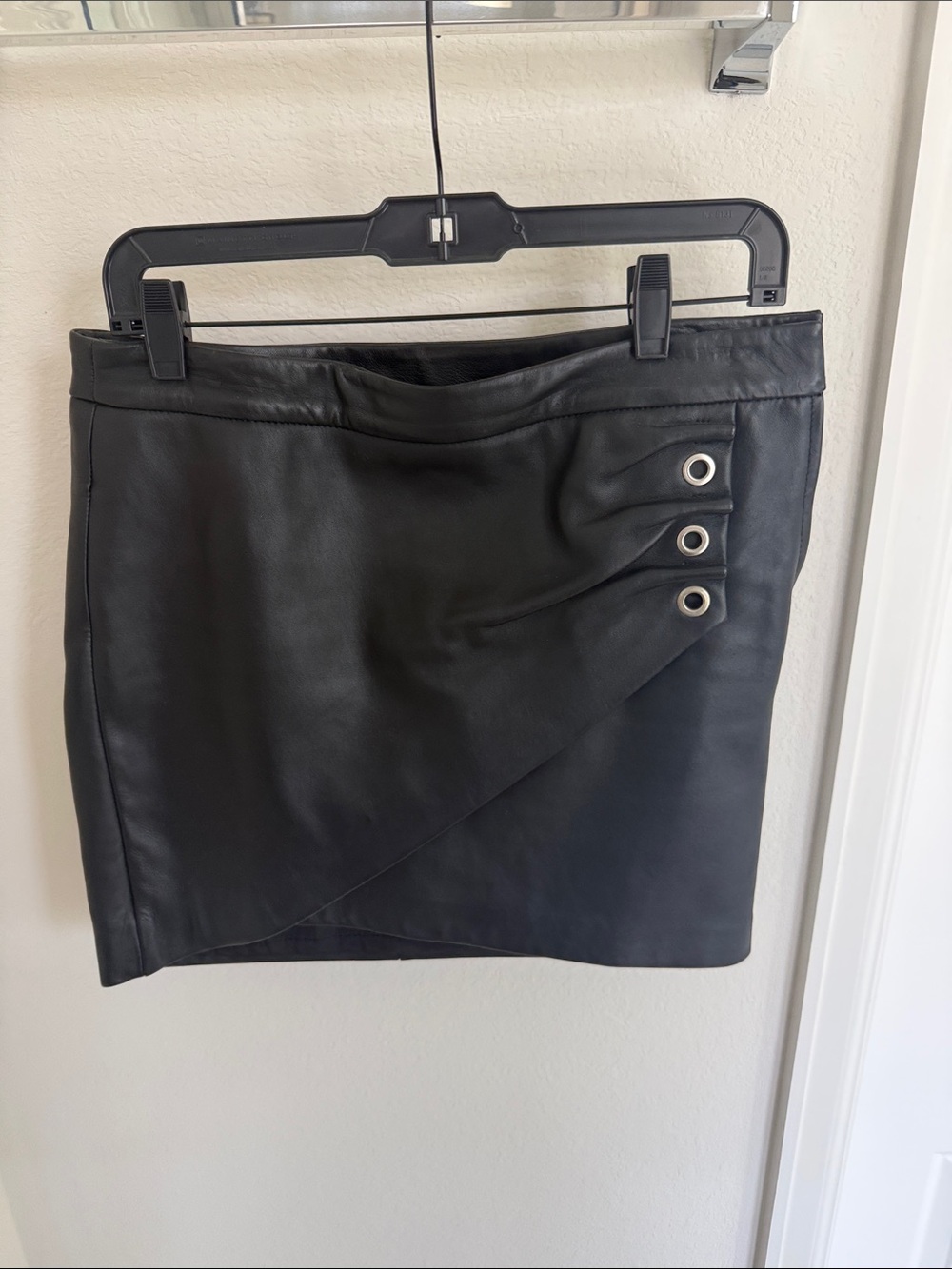 Maje Black Faux Leather Mini Skirt with Grommet Details